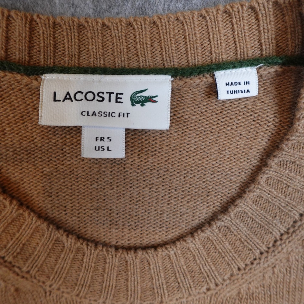 Lacoste Sweater Mens Large Tan Classic Fit Wool Crew Neck AH2916-51 Brown Luxury - Picture 2 of 10
